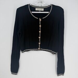 Taylor Cardigan Womens Large Black Cropped‎ Pearl Button Pointelle Knit Preppy